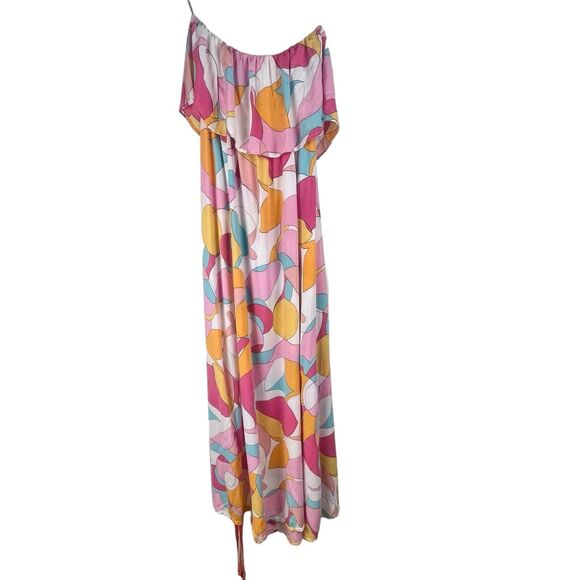 Japna Ruffle Geometric Print Strapless Maxi Dress Sz S Abstract Colorful Retro - Picture 15 of 15